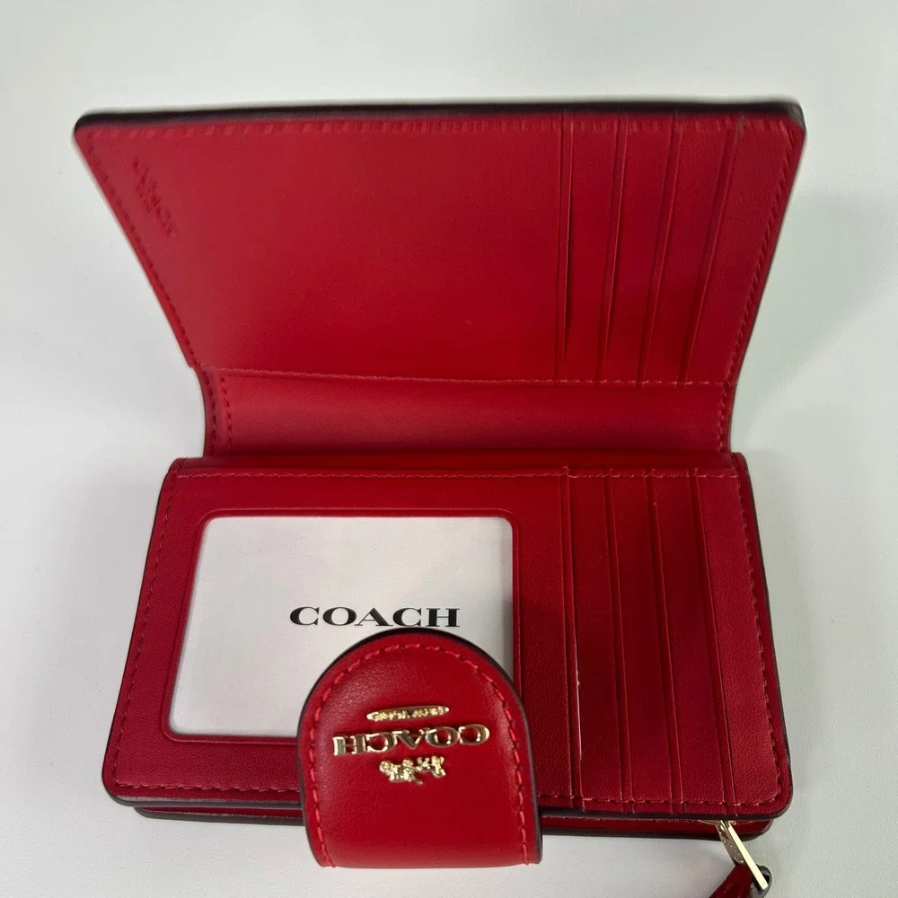 Coach Medium Corner Zip Wallet Walnut Bold Red Signature Canvas NEW
